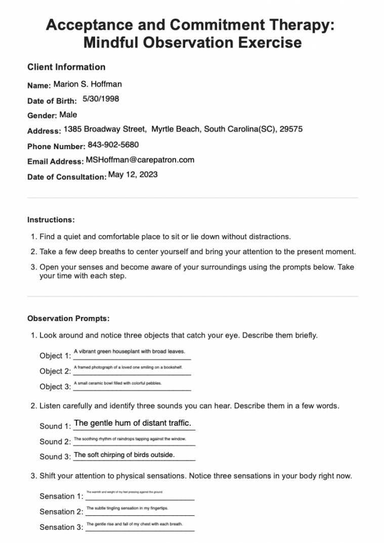 Acceptance And Commitment Therapy Worksheet & Example  Free PDF