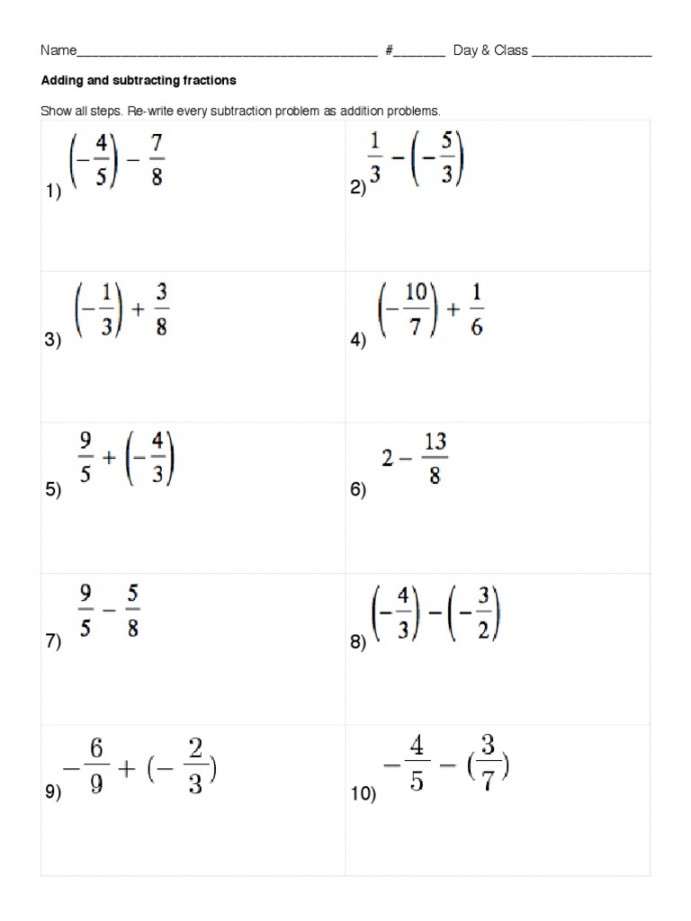 Add Subtract Positive Negative Fractions Worksheet  PDF