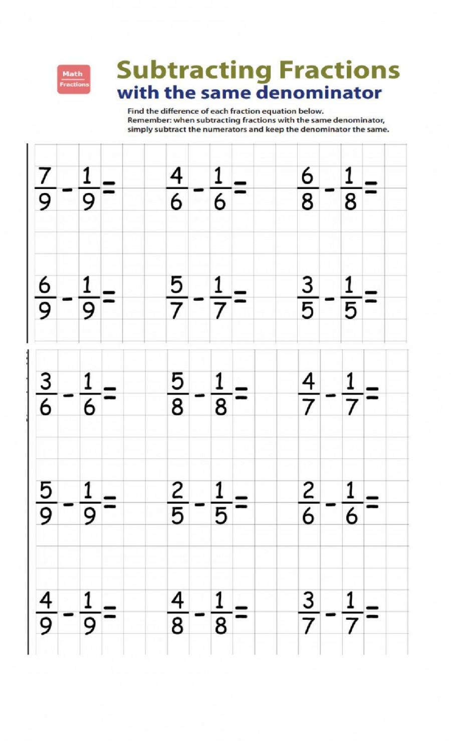 Adding and Subtracting Fractions with Like Denominators worksheet