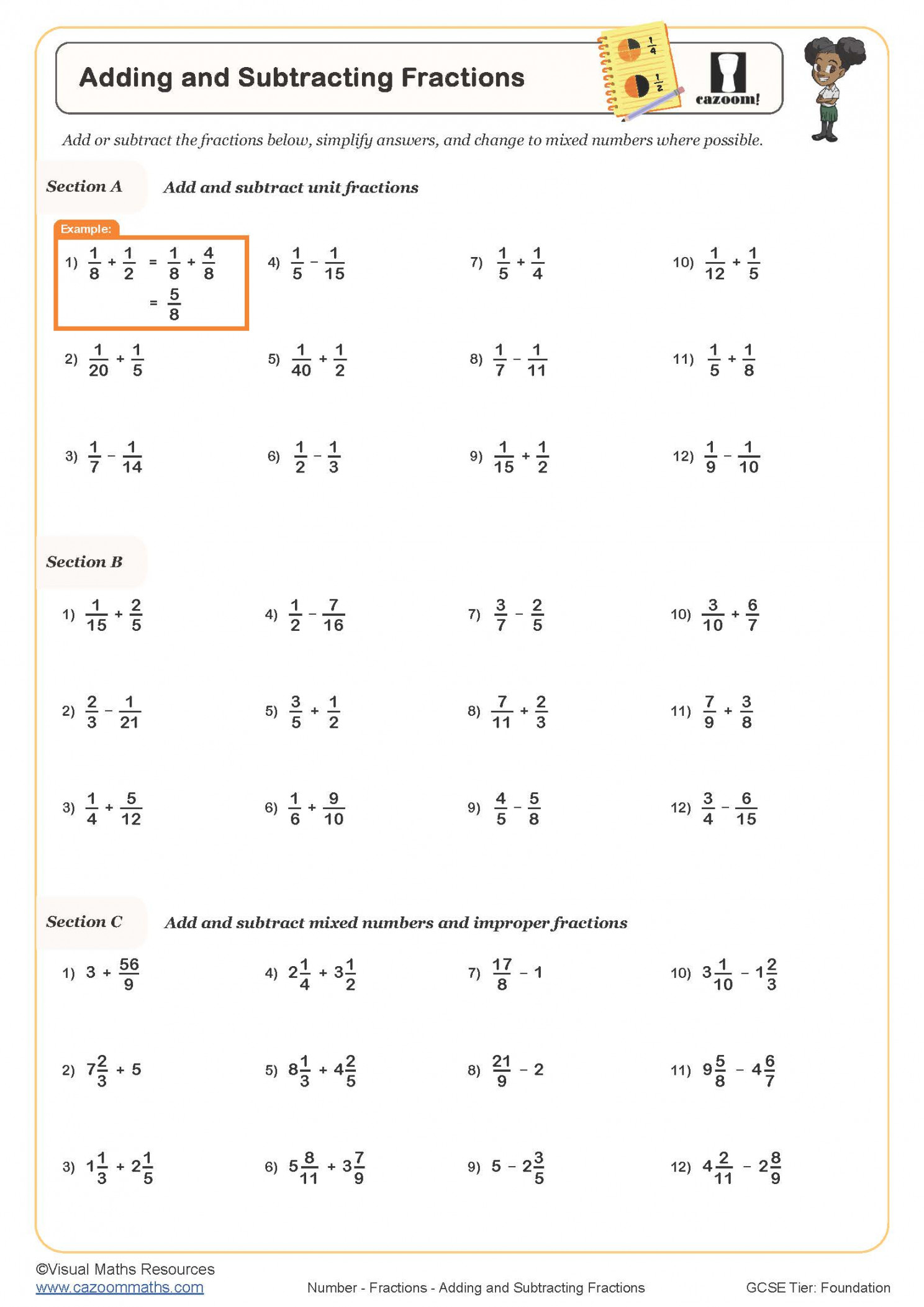 Adding and Subtracting Fractions Worksheet  Printable Maths