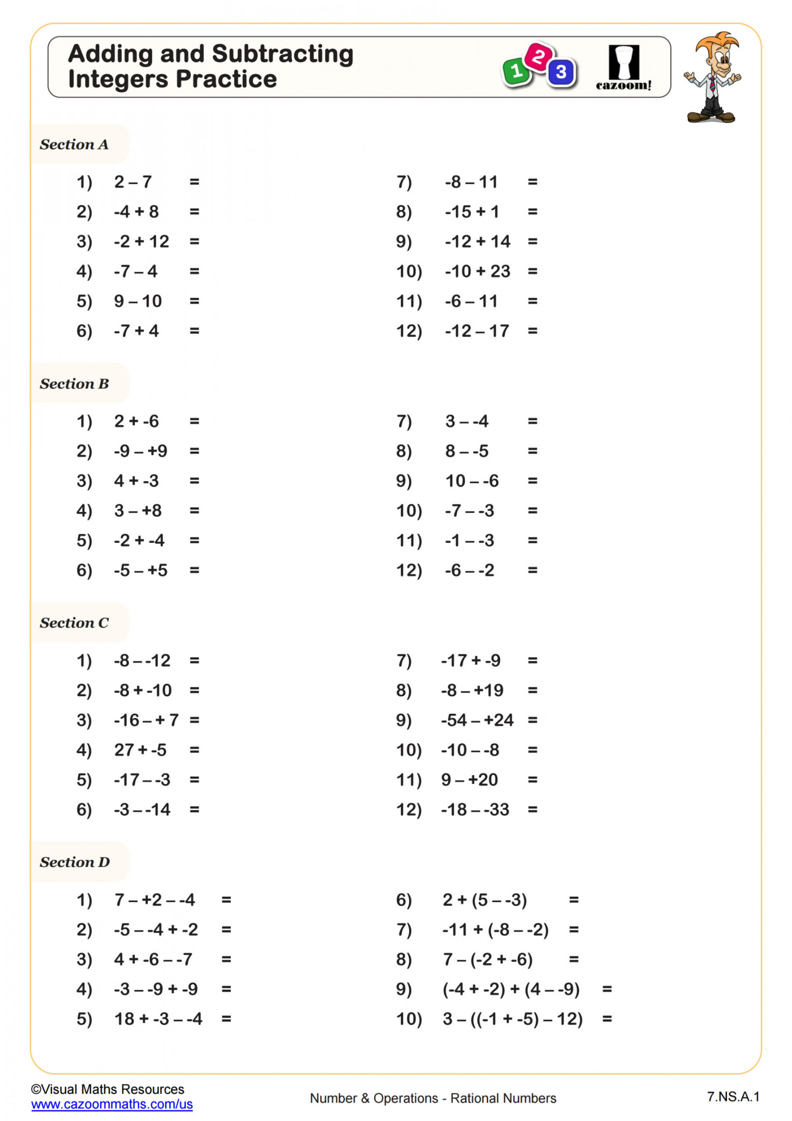 Adding and Subtracting Integers Practice Worksheet  th Grade PDF