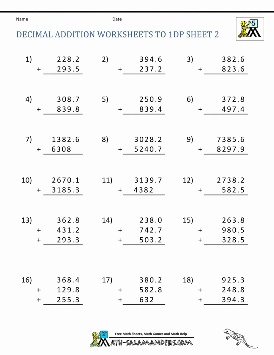 Adding Decimals Worksheet th Grade