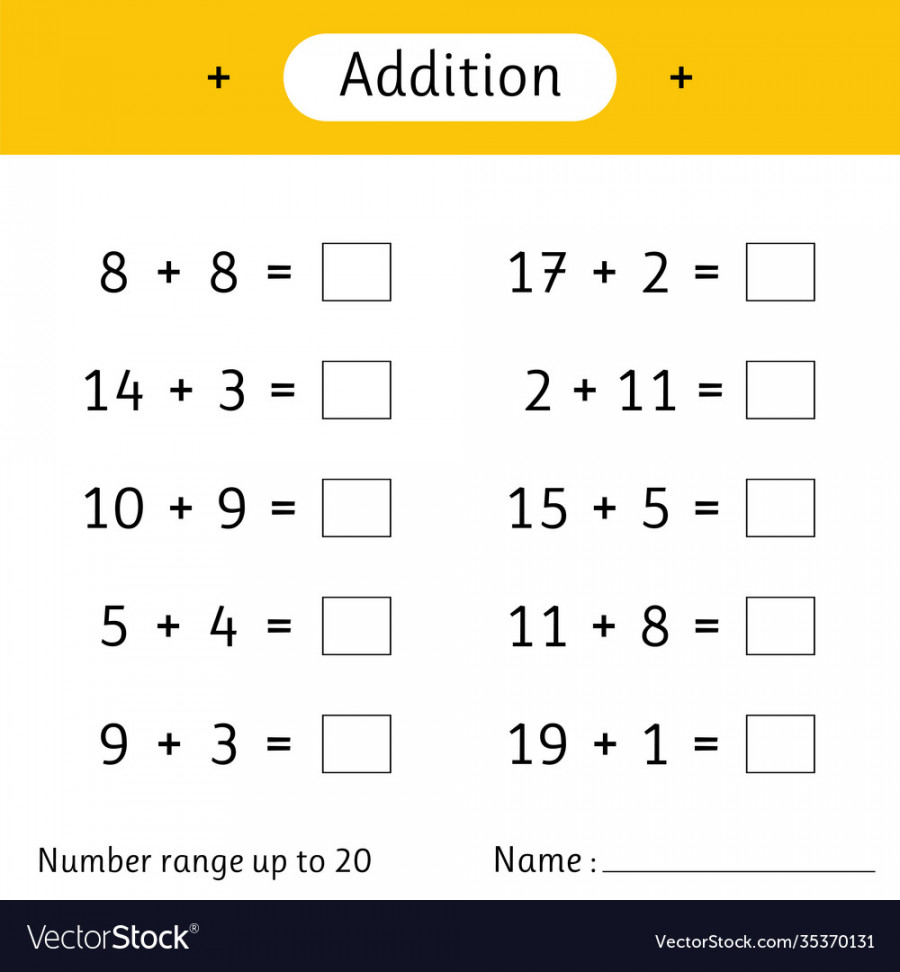 Addition number range up to  math worksheet Vector Image