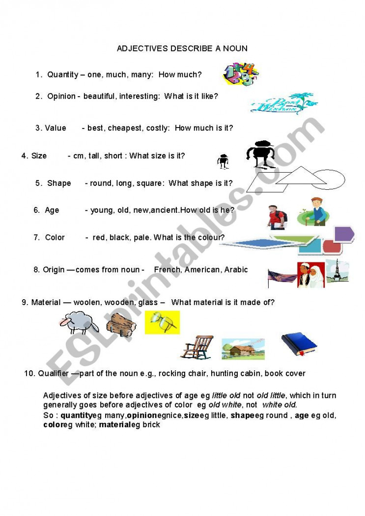 Adjectives describe nouns - ESL worksheet by AJHBailey