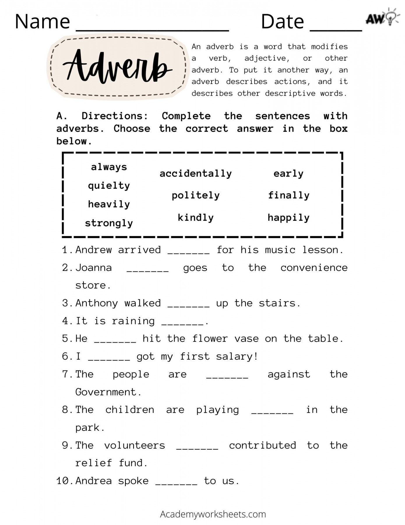 Adverb Worksheet - Academy Worksheets