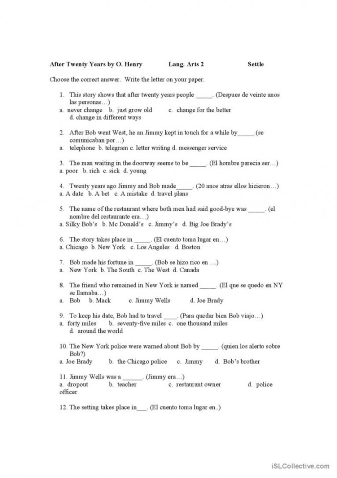 After Twenty Years Test: English ESL worksheets pdf & doc