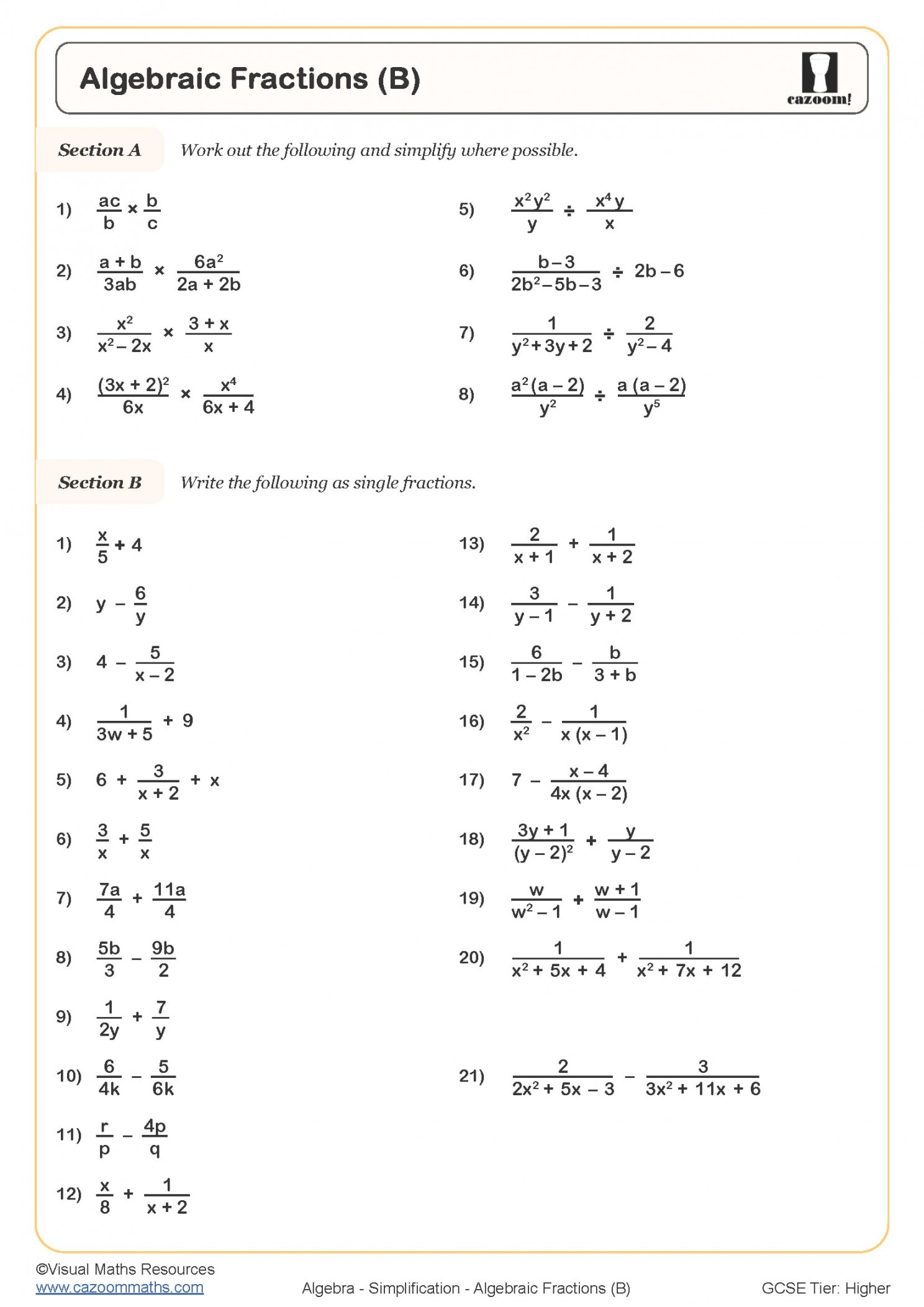 Algebraic Fractions (B) Worksheet  Fun and Engaging PDF Worksheets