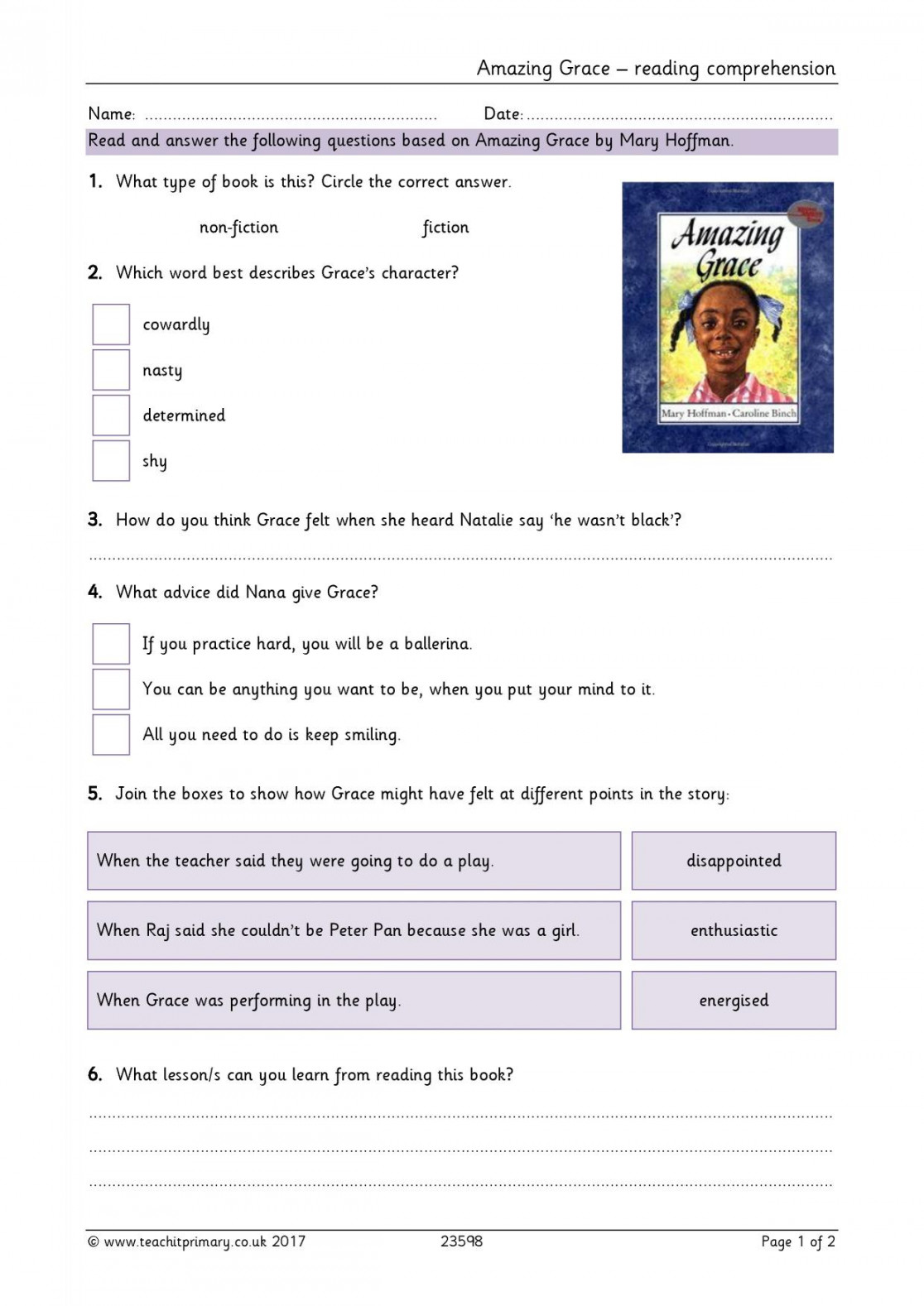 Amazing Grace reading comprehension  KS English  Teachit