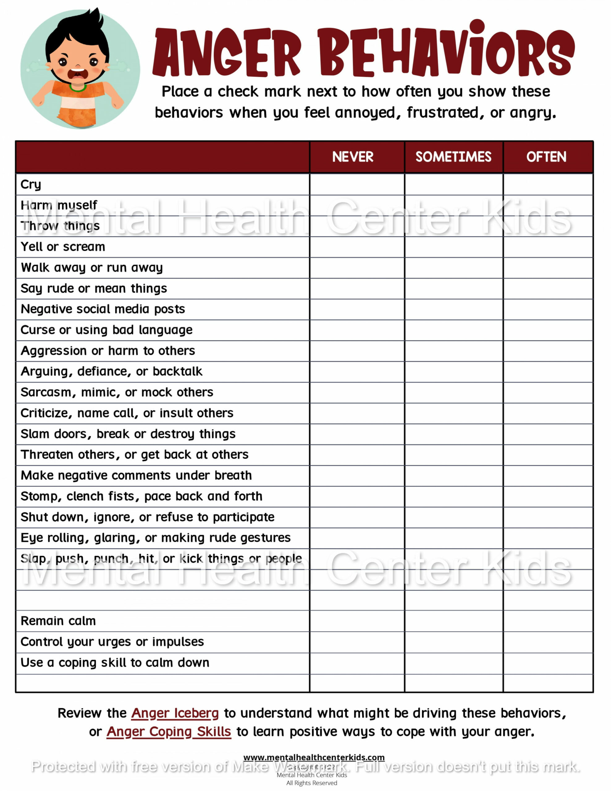 Anger Worksheets for Kids