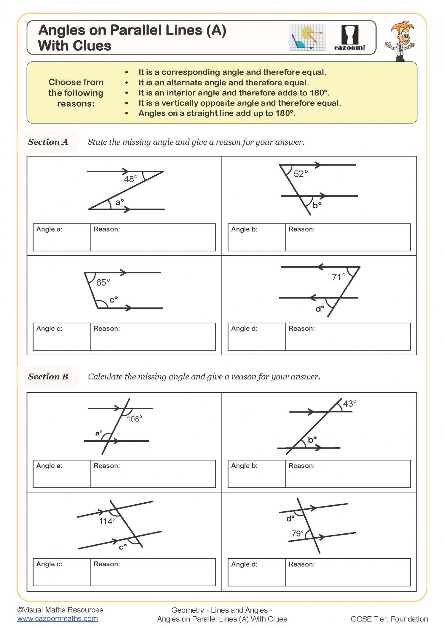 Angles on Parallel Lines (A) (With Clues) Worksheet  Cazoom Maths