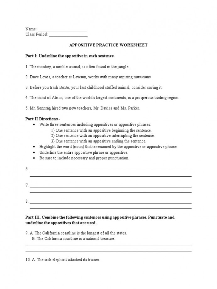 Appositive Worksheet  PDF