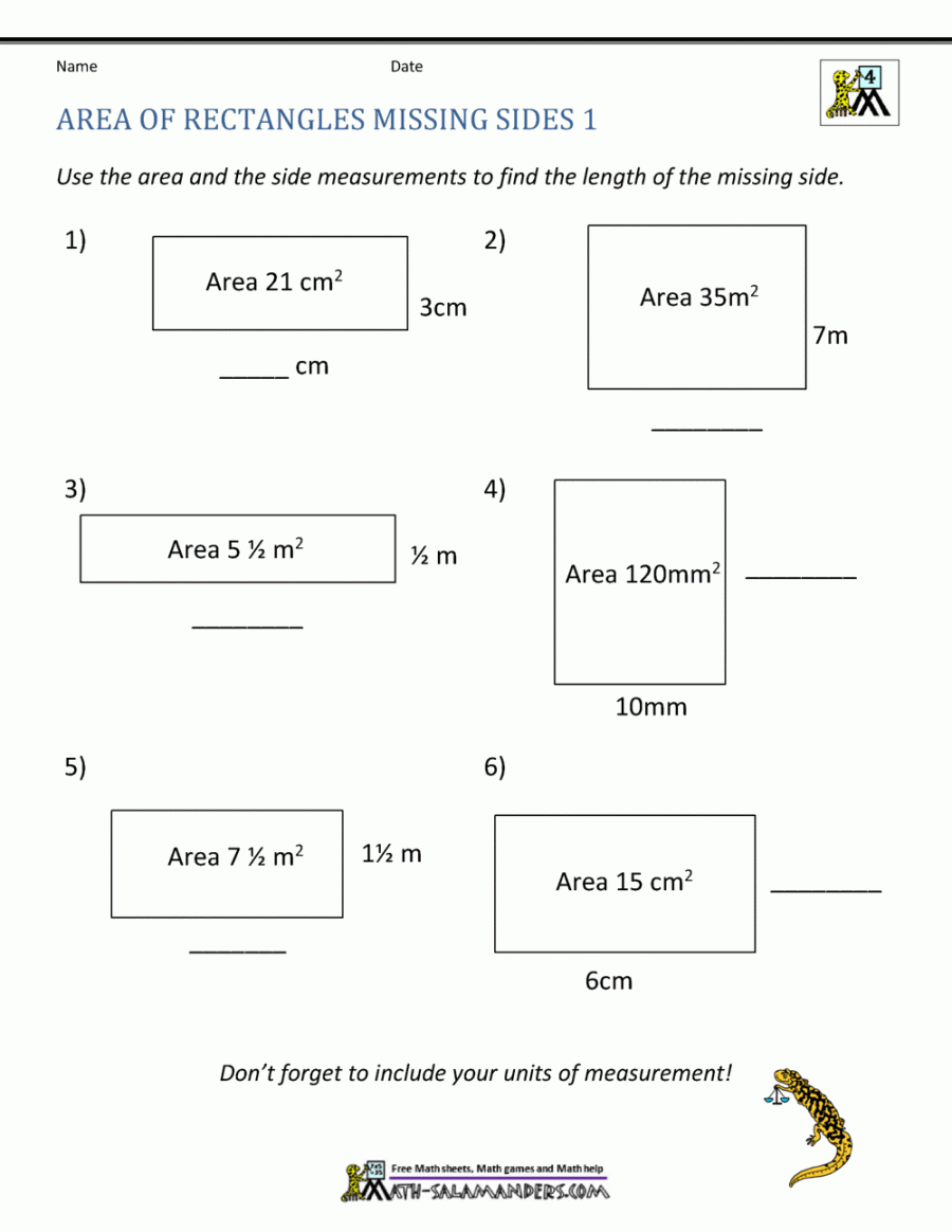 Area of Rectangle Worksheets