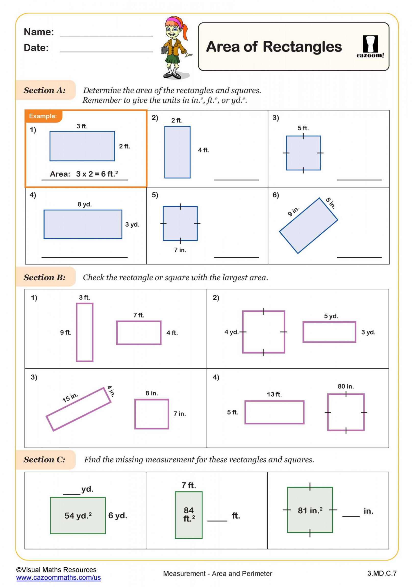 Area of Rectangles  rd Grade PDF Measurement Worksheets