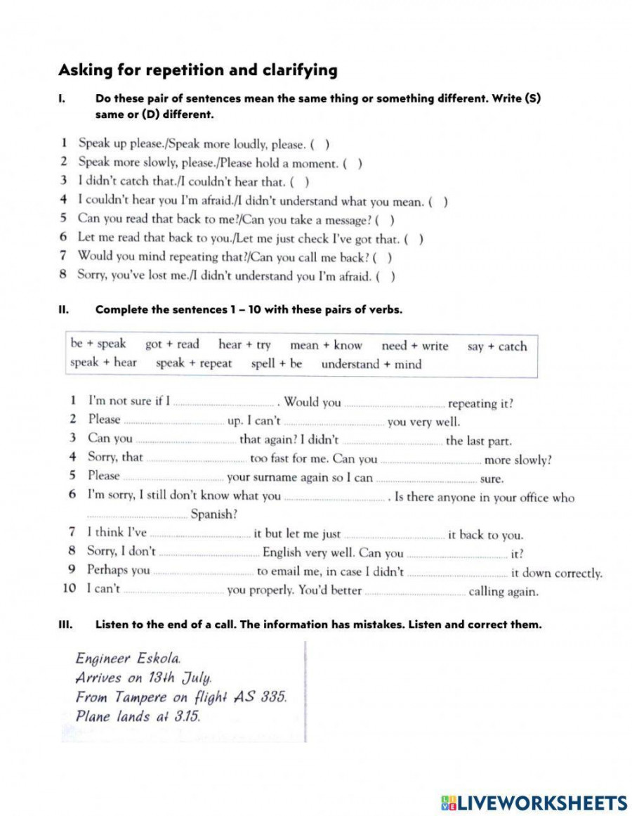 Asking for repetition and clarifying worksheet  Live Worksheets