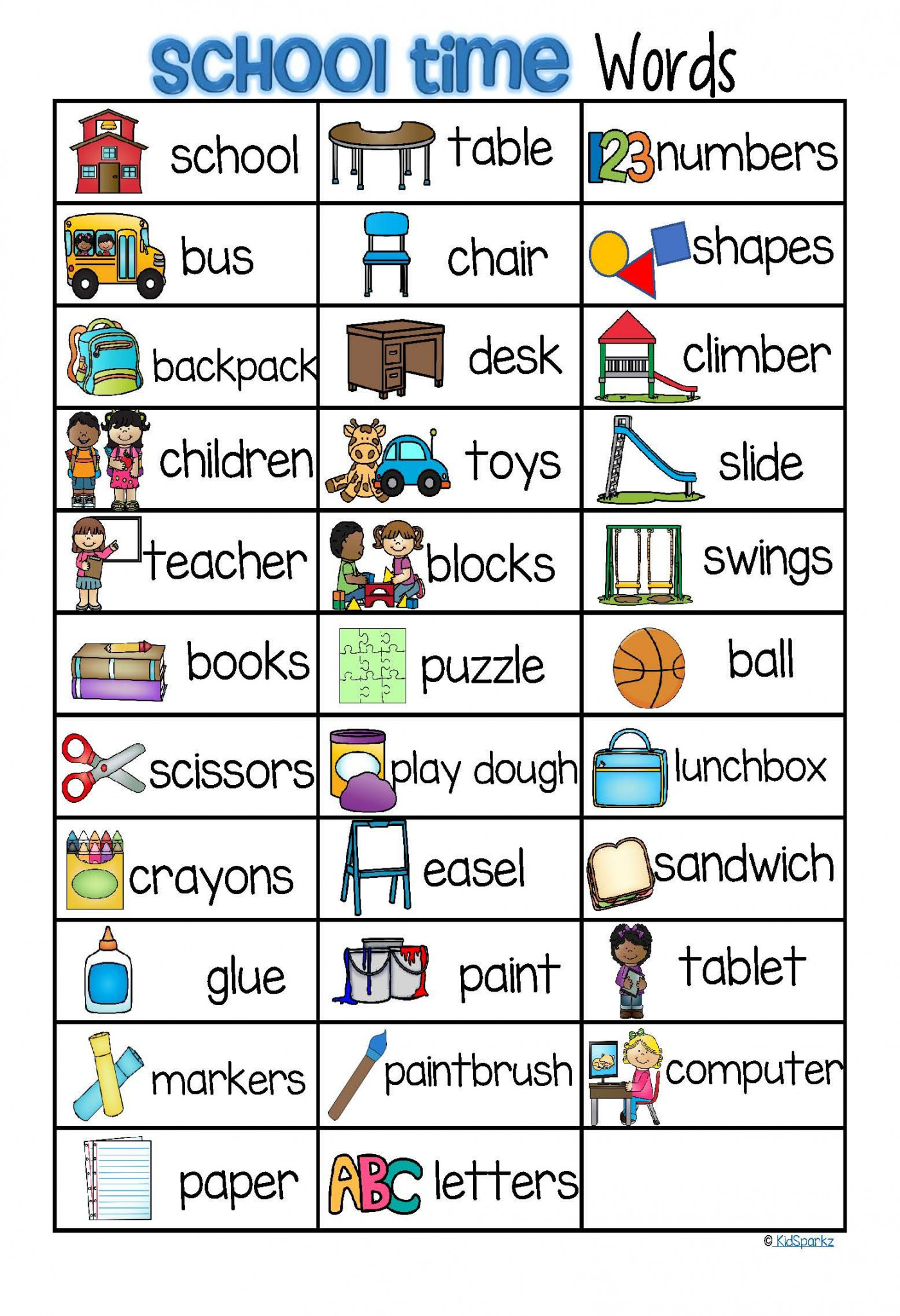 Back to School Vocabulary List  Words and Pictures FREE