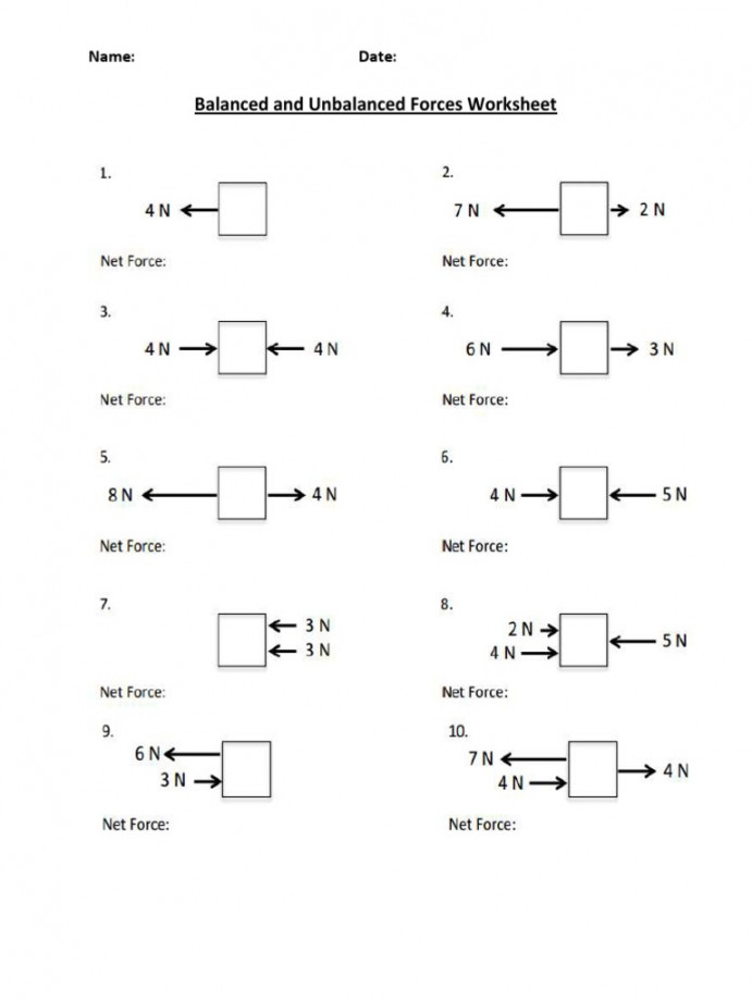 Balanced and Unbalanced Forces Worksheet  PDF