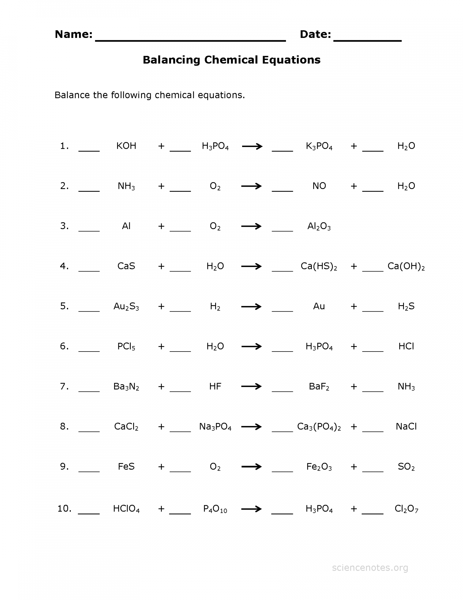 Balancing Chemical Equations Practice Sheet