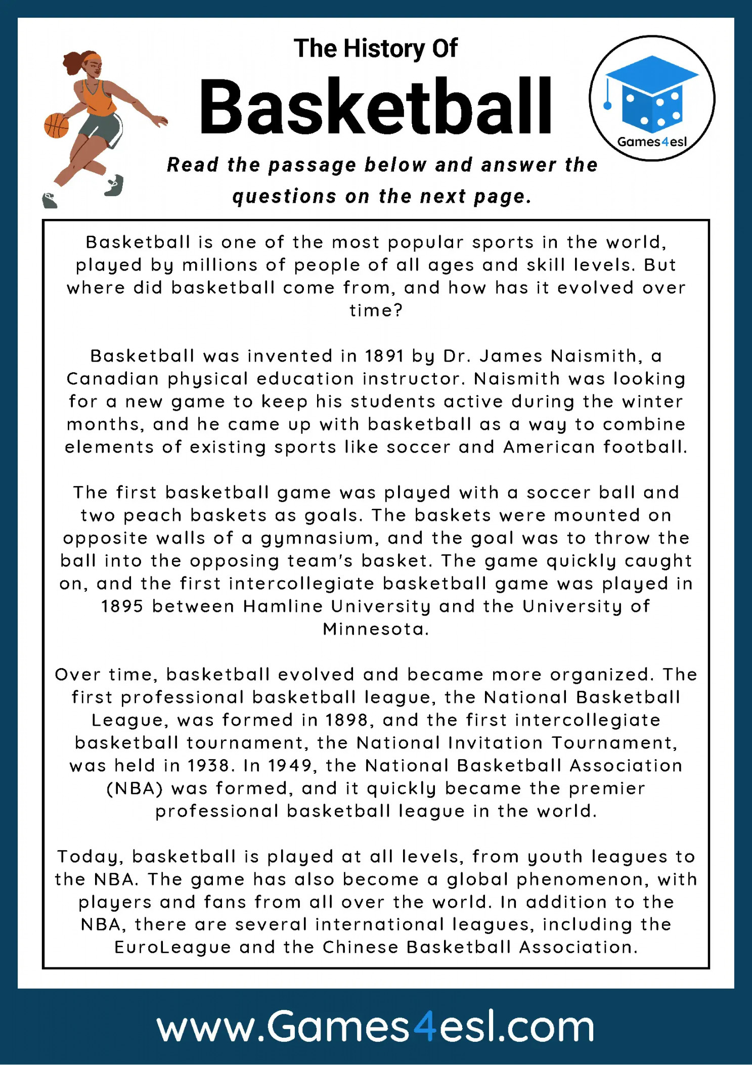 Basketball Reading Comprehension Worksheet  Gamesesl