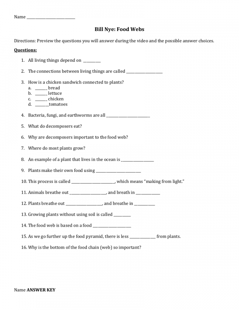 Bill Nye - Food Web Worksheet with Answers  Science th Grade