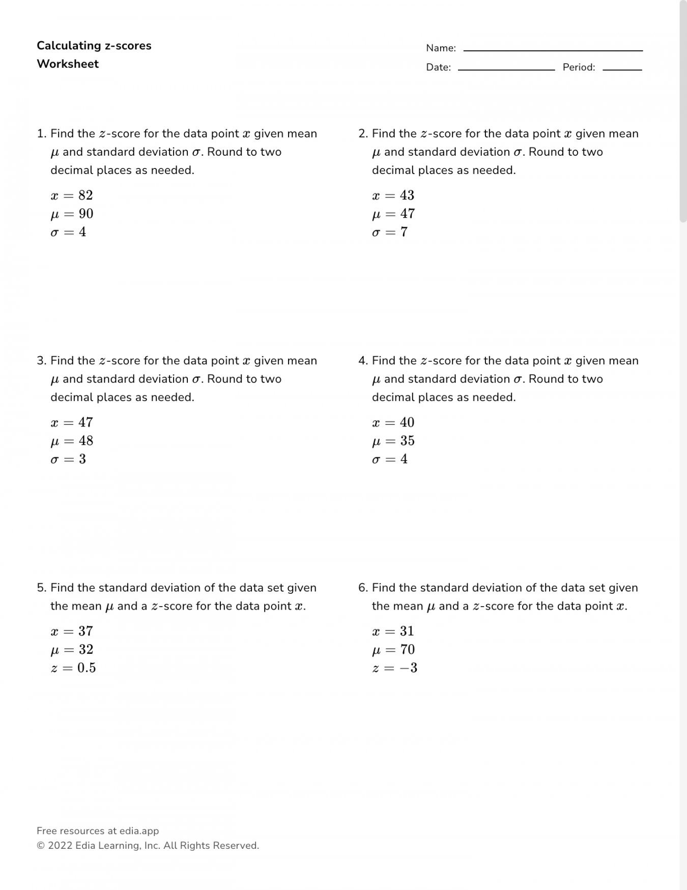 Calculating Z-scores - Worksheet