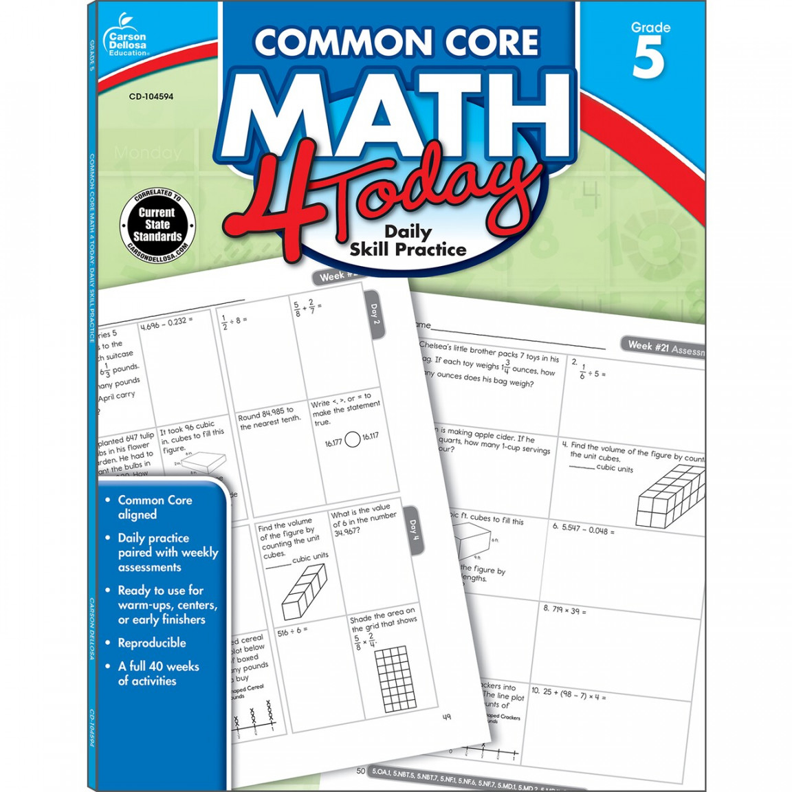 Carson Dellosa Common Core Math  Today Workbook—Reproducible th Grade  Math Workbook, Place Value, Geometry, Algebra Practice, Classroom or