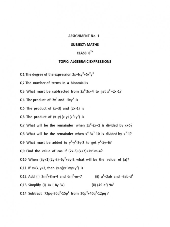 CBSE Class  Algebraic Expressions and Identities Worksheet  PDF