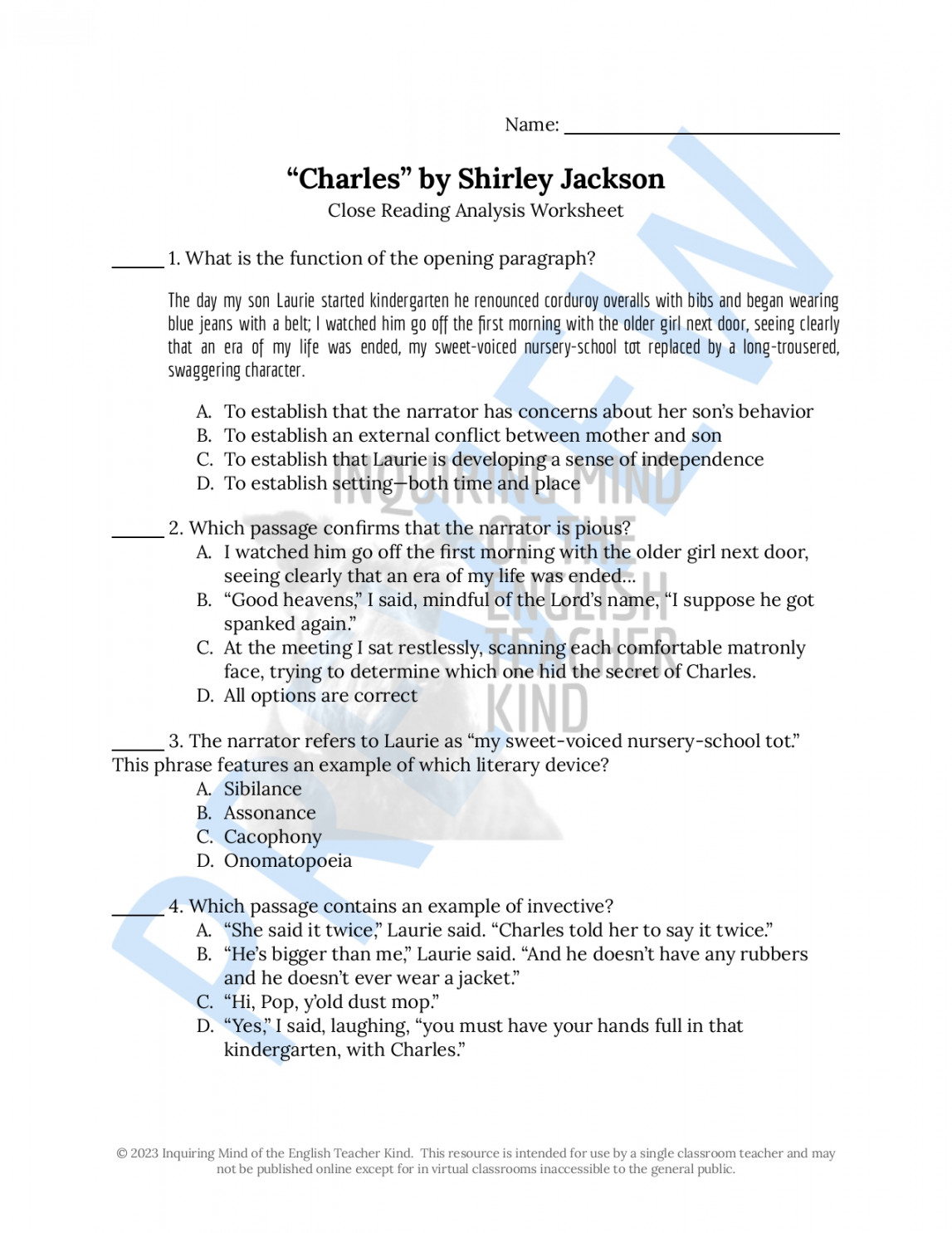 "Charles" by Shirley Jackson Close Reading Analysis Worksheet and Answer Key