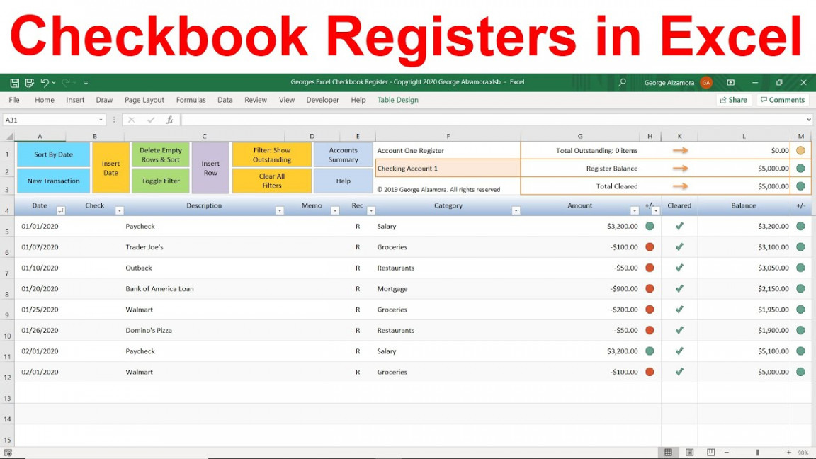 Checkbook App: Balance & Reconcile Bank Account in Excel Registers  Spreadsheet Template for Finances