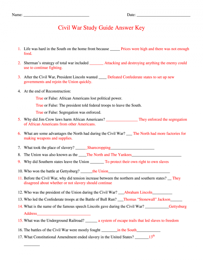 Civil War And Reconstruction Worksheet Answer Key - Fill Online