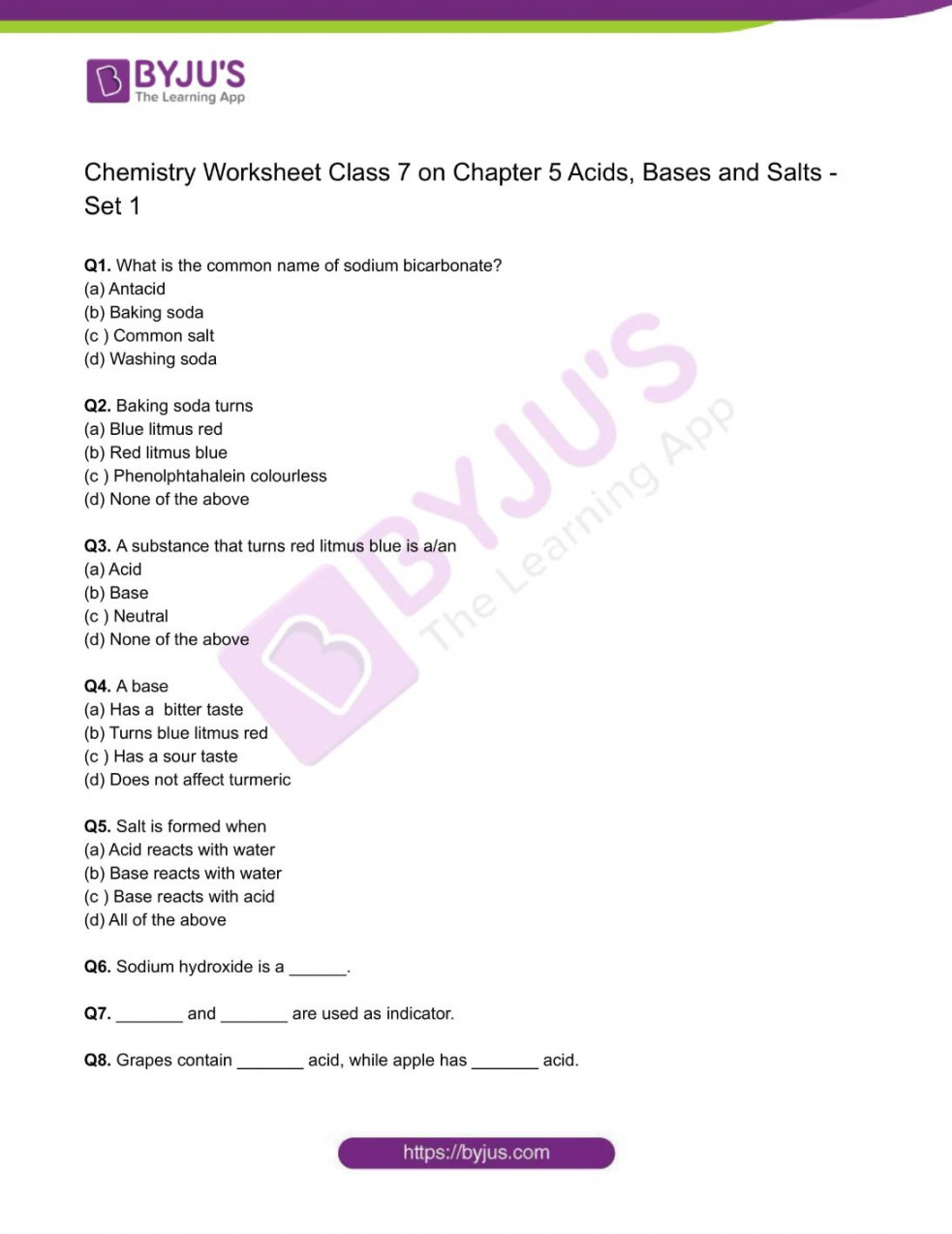 Class  Chemistry Worksheet on Chapter  Acids, Bases and Salts