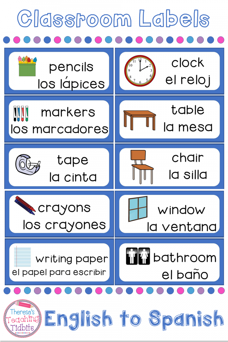 Classroom Labels English to Spanish  Spanish teaching resources