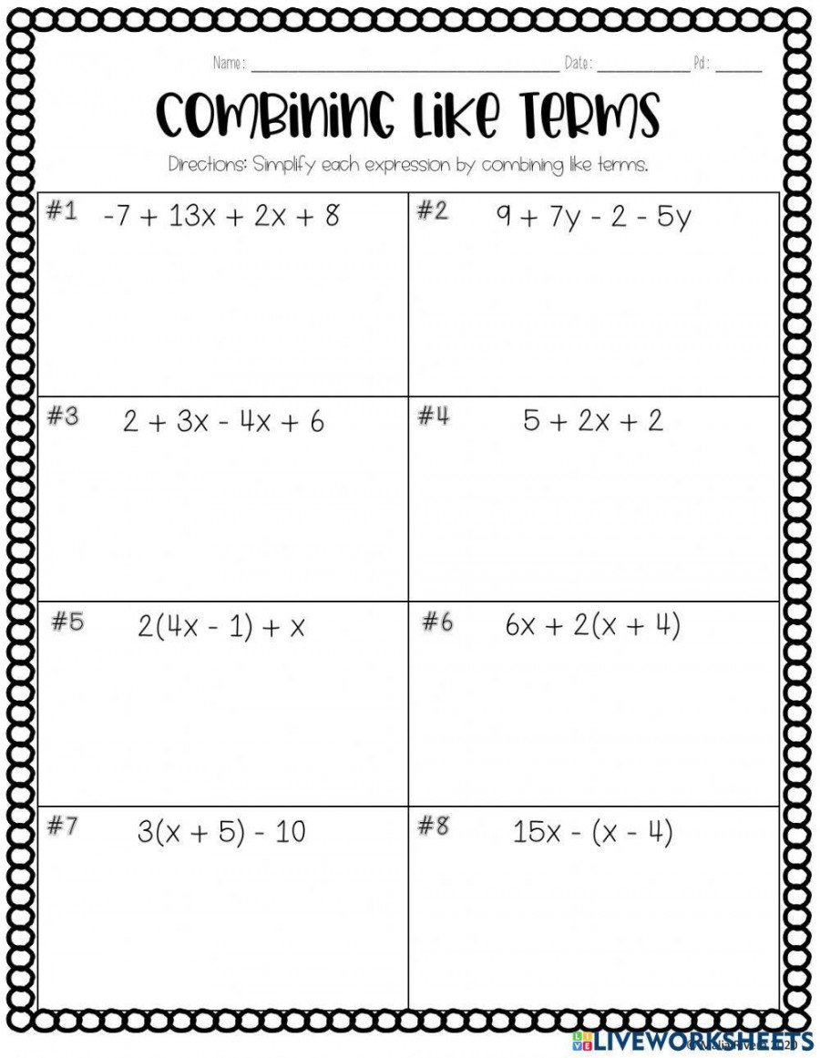 Combining Like Terms Worksheet 7th Grade 8020