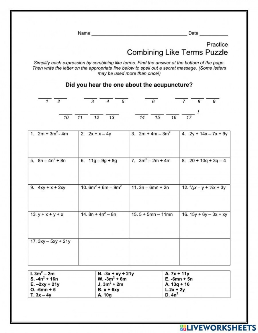 Combining Like Terms Puzzle Martin Lindelof 3401