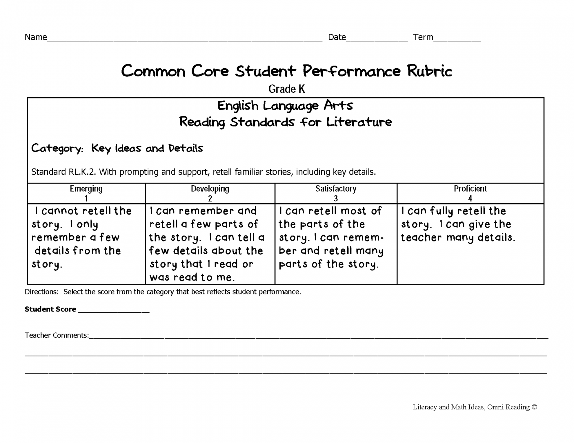 Common Core ELA Rubrics: Grade Kindergarten