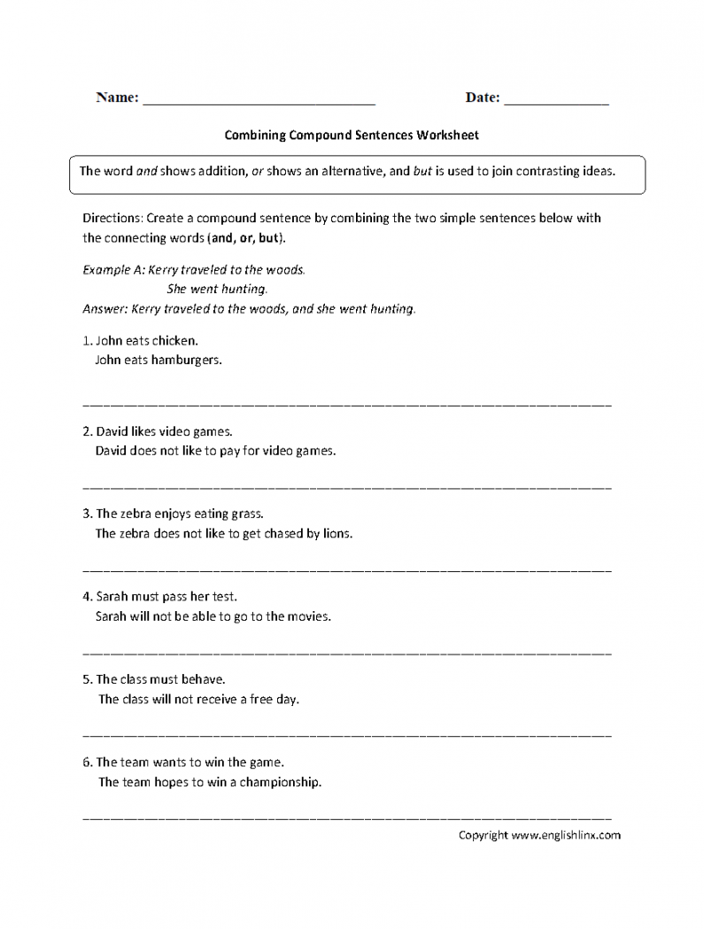 Compound Sentences Worksheets  Combining Compound Sentences Worksheet