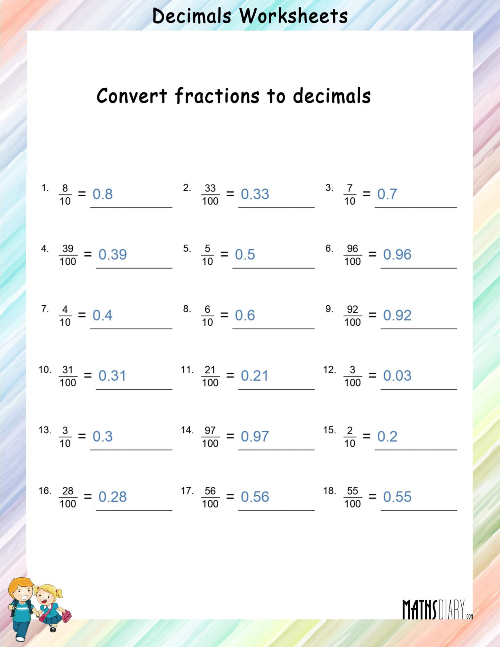 Convert fractions to decimals worksheets - Math Worksheets