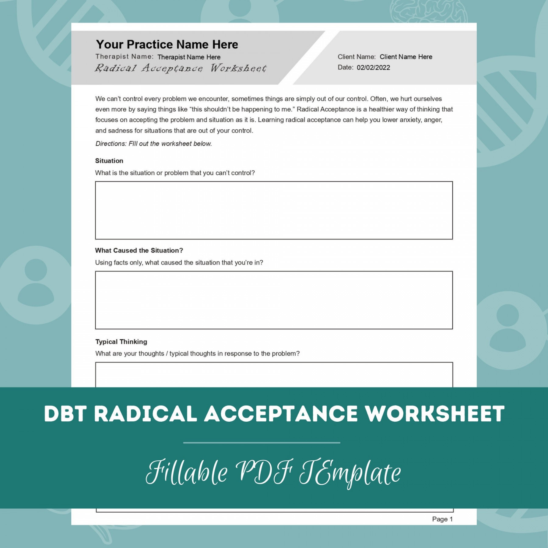 DBT Radical Acceptance Worksheet Editable / Fillable PDF Template