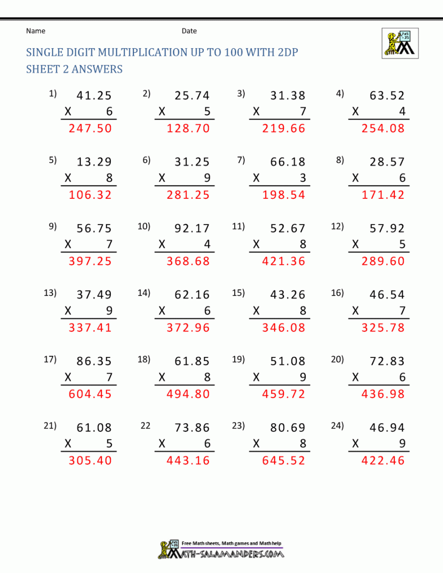 Decimal Multiplication up to  with dp Sheet  Answers  Math