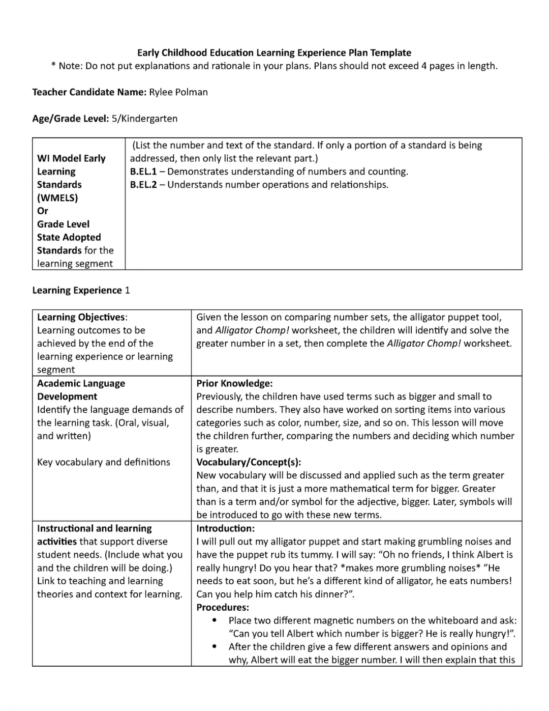 edTPA Kindergarten Math Learning Experience - Early Childhood