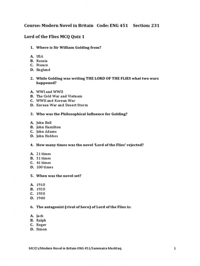 ENG  LOTF MCQ Quiz  Week  PDF  PDF