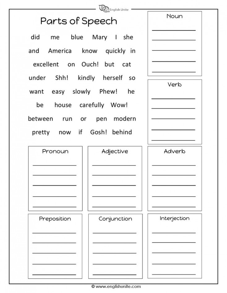 English Unite - Parts of Speech Worksheet