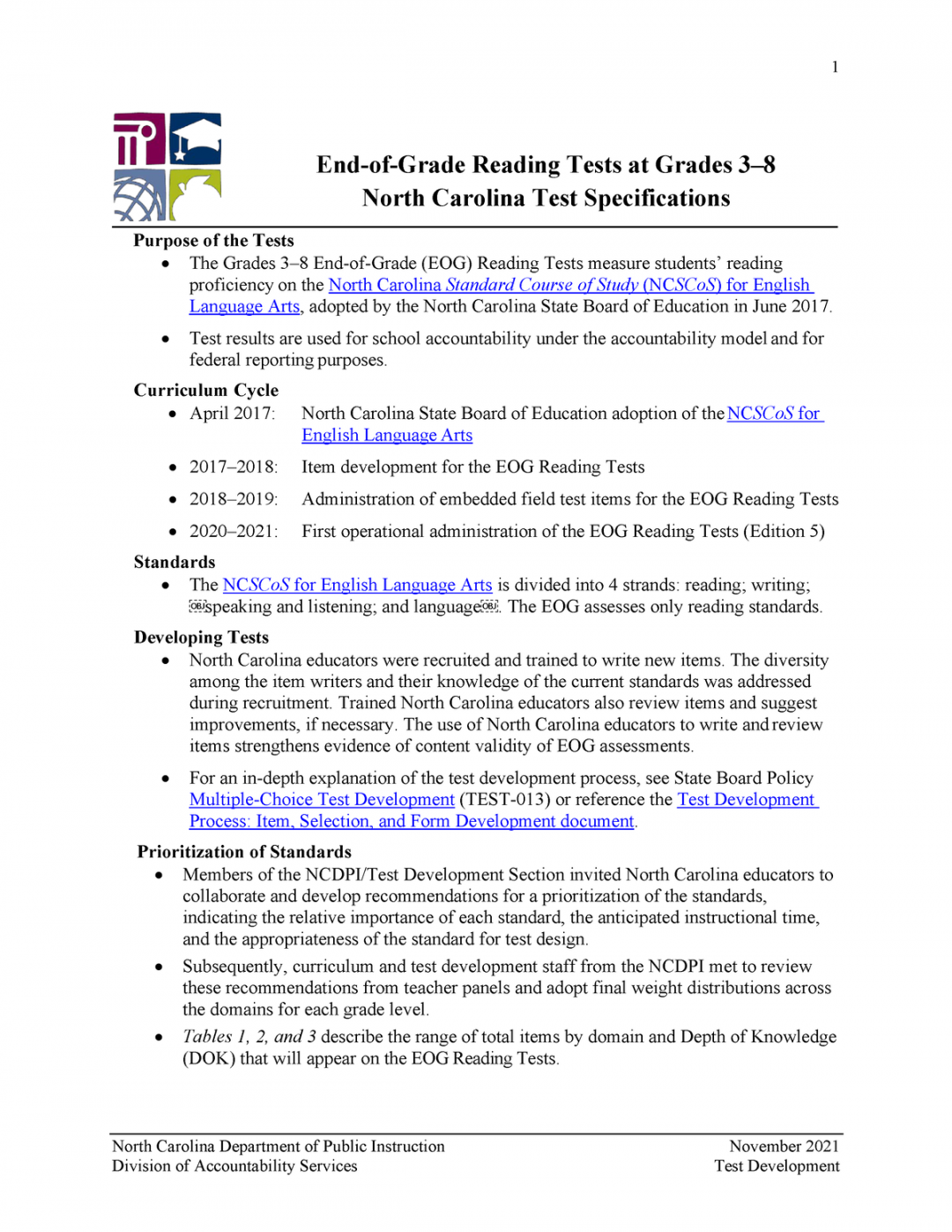 EOG Reading Grades - Test Specifications - North Carolina