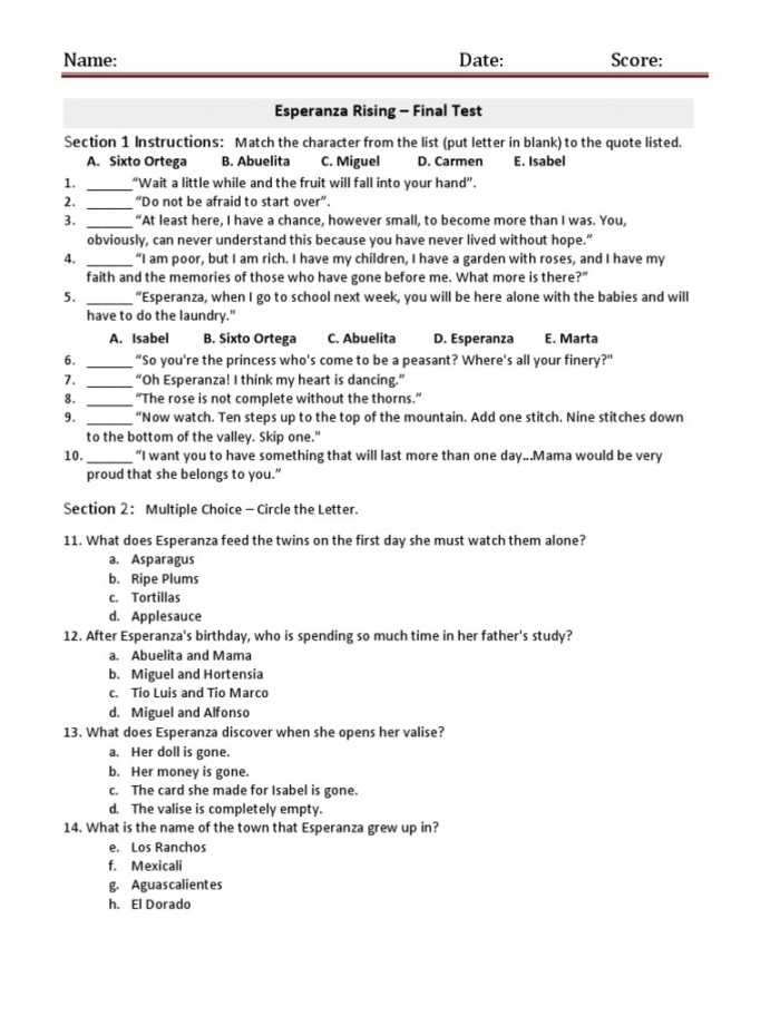 Esperanza Rising - Final Test  PDF