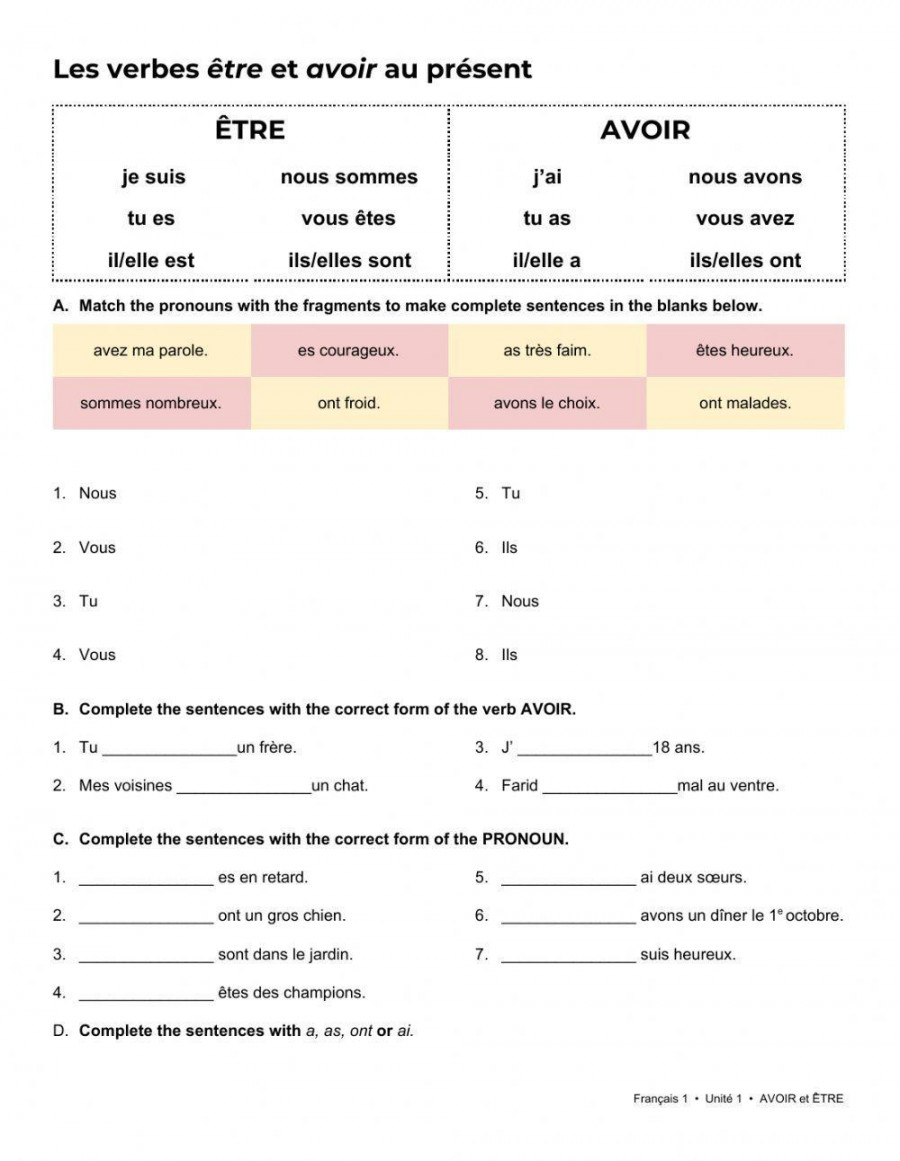 ETRE and AVOIR introduction worksheet  Live Worksheets