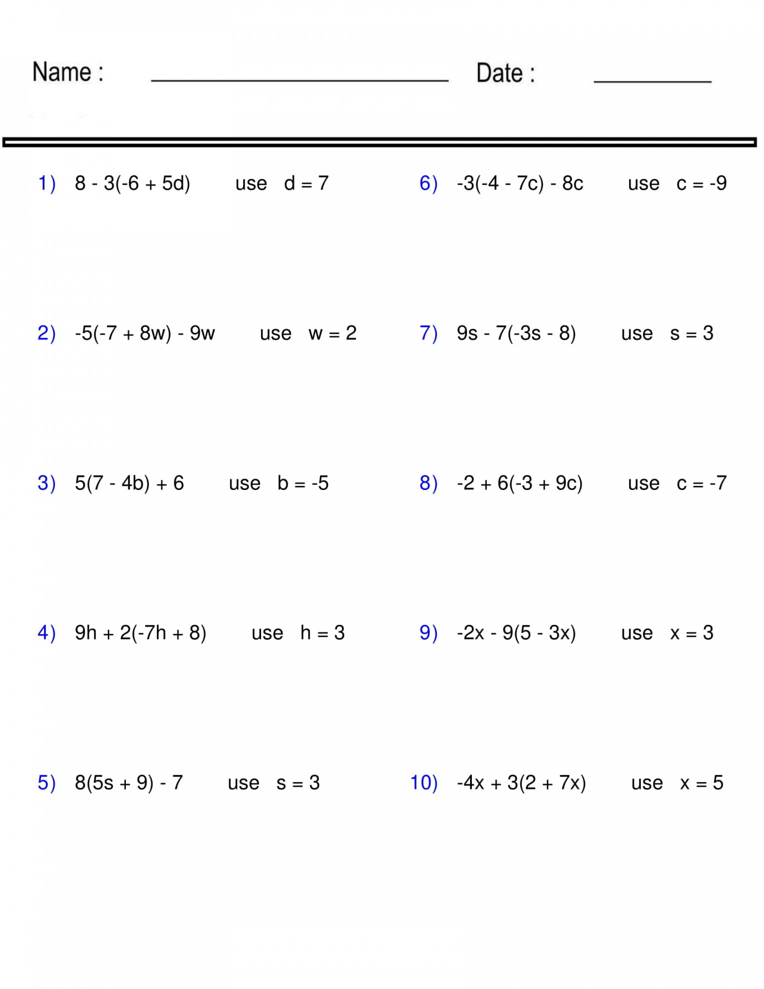 Evaluating Algebraic Expressions Worksheet - one variable - Pre-Algebra