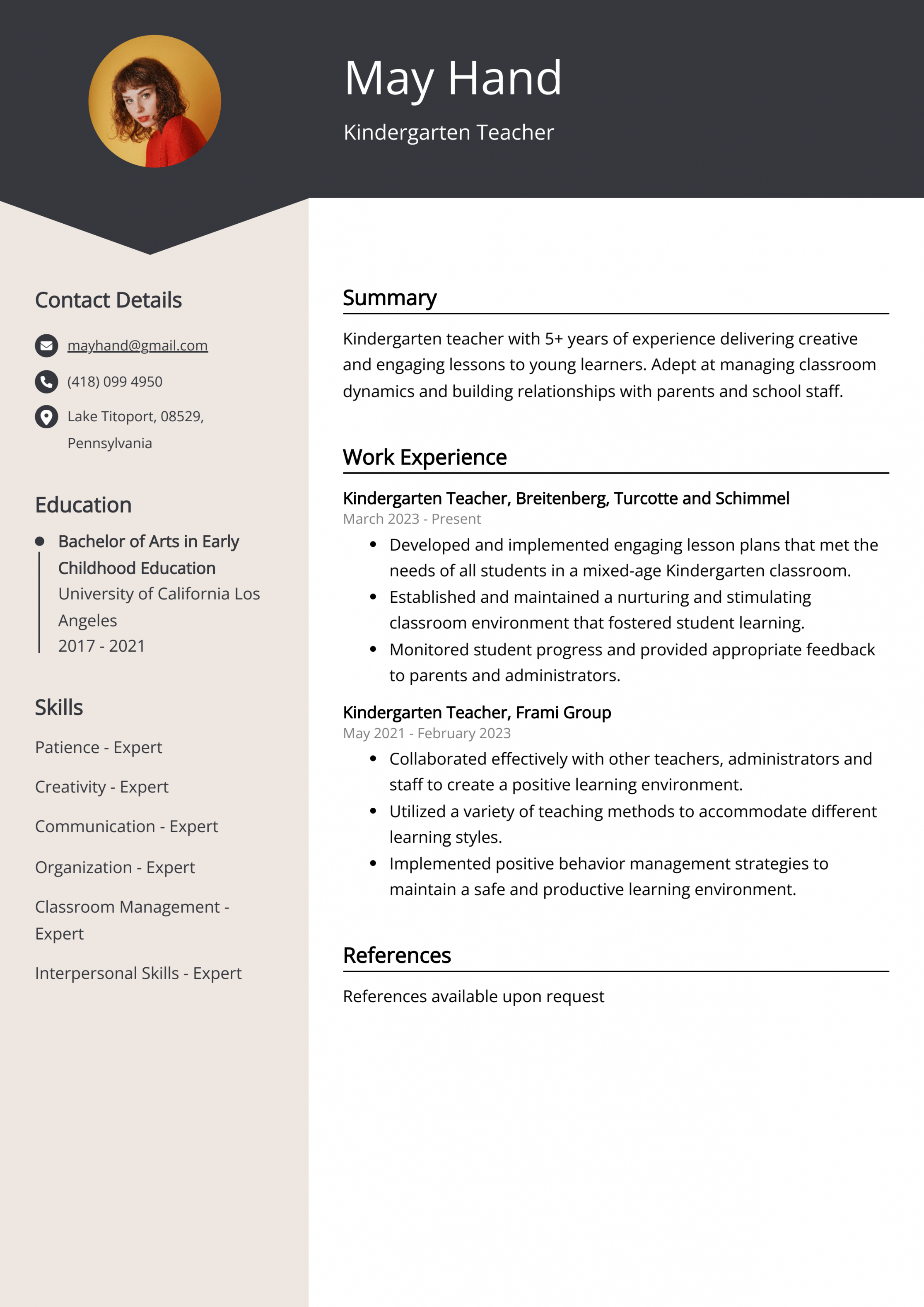 Experienced Kindergarten Teacher Resume Example (Free Guide)