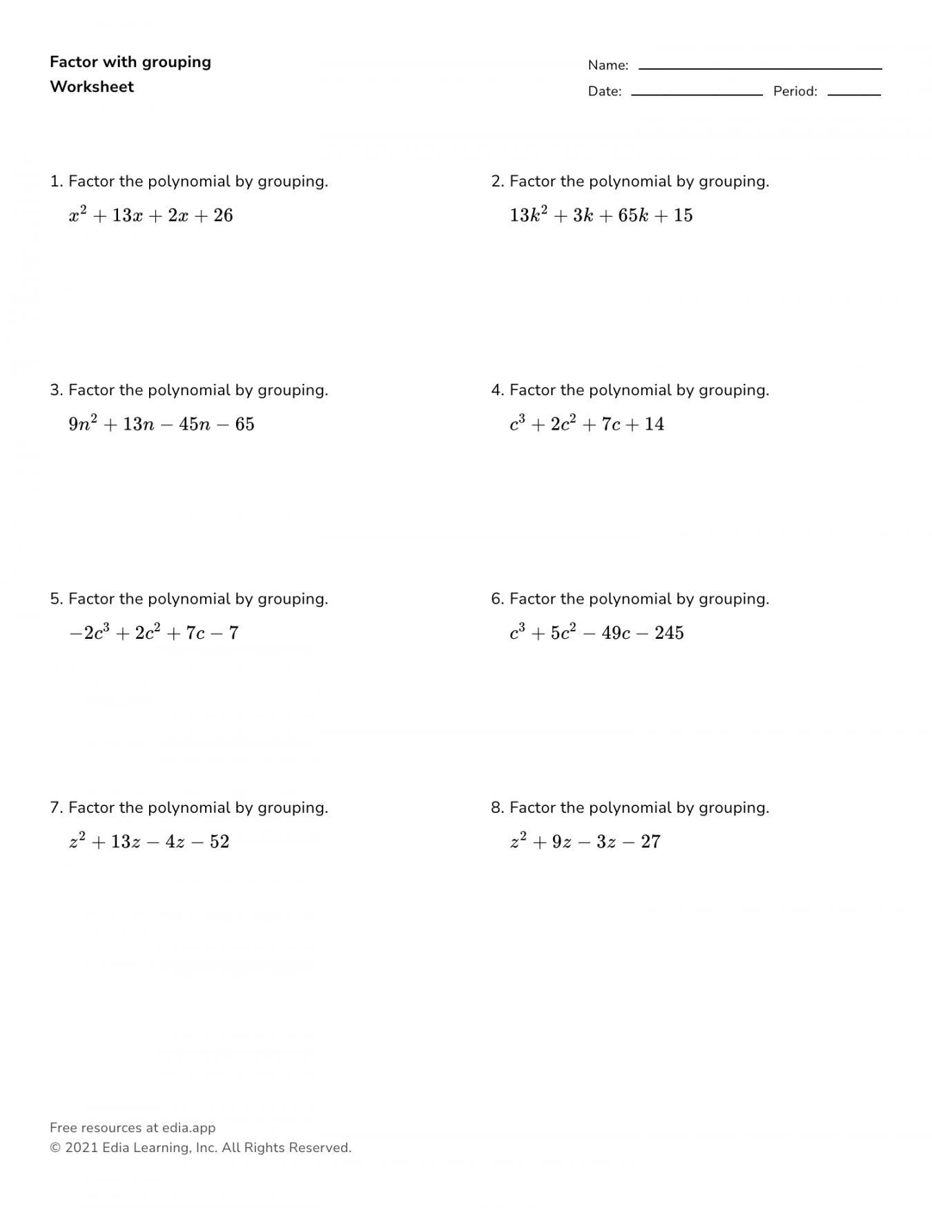 Factor With Grouping - Worksheet