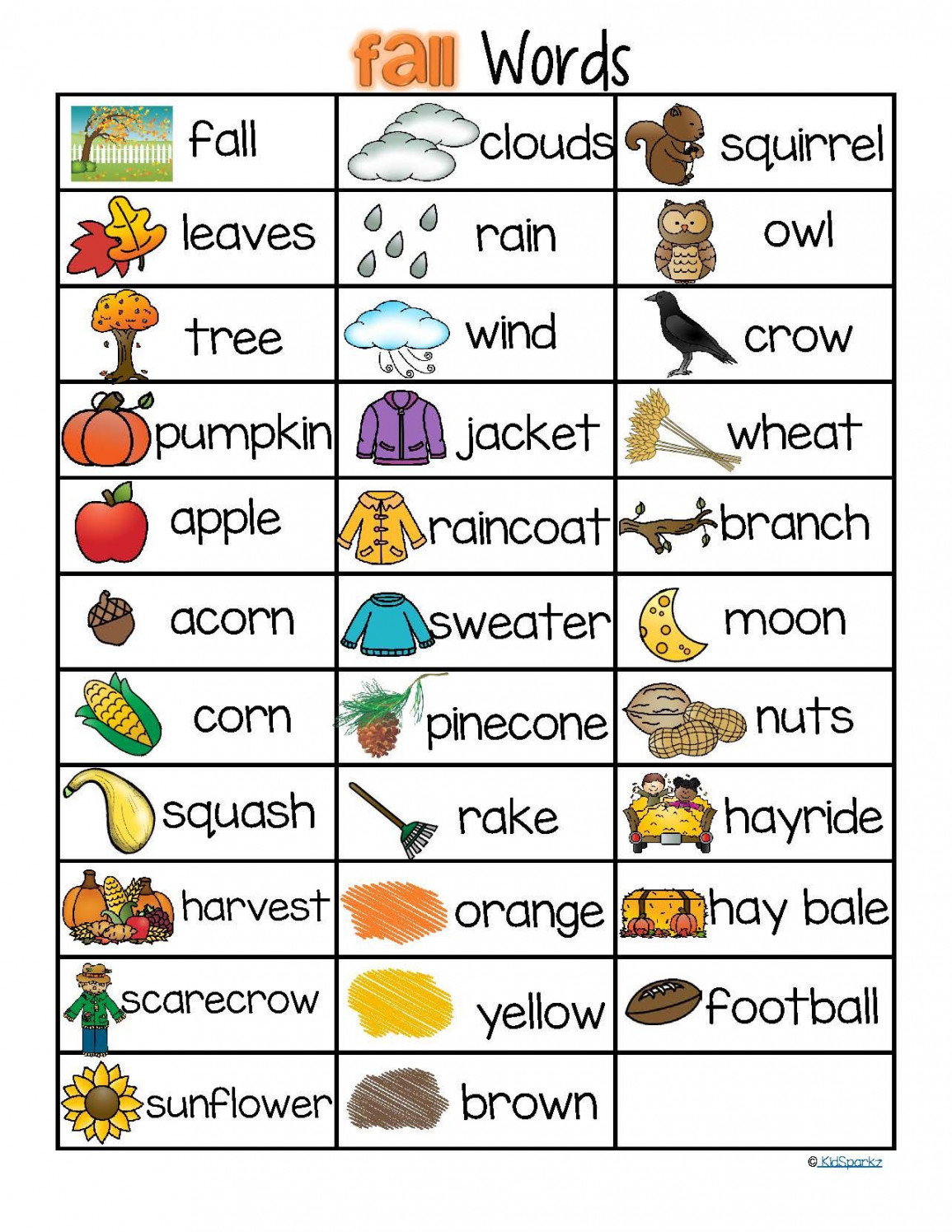 FALL AUTUMN Vocabulary List  Words and Pictures FREE  Fall