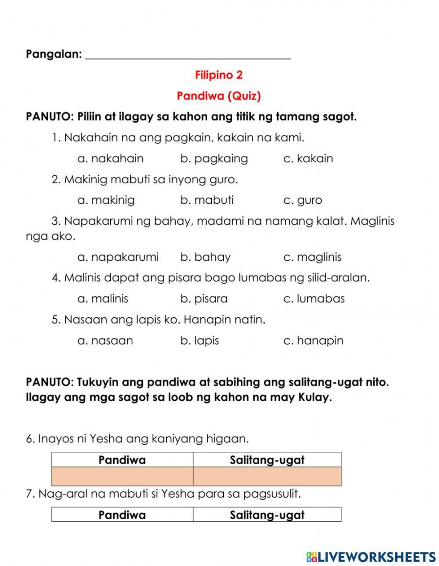 Filipino  pandiwa worksheet  Live Worksheets