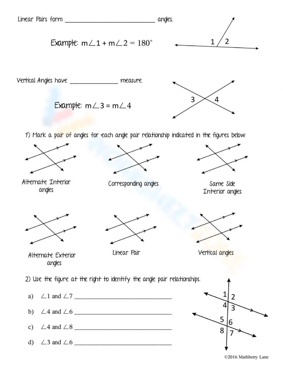 Free Angle Pair Relationships Worksheets For Teaching